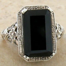 BLACK ONYX 925 SOLID STERLING SILVER FILIGREE ART DECO STYLE RING        762X