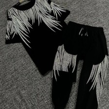 New Men Women Luxury Wings Rhinestones Black T-Shirt Pants High Quality Suit