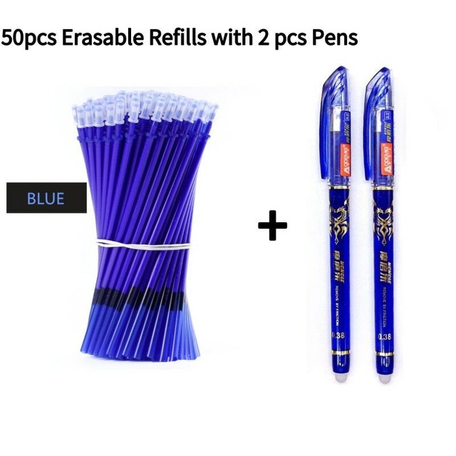 2+50Pcs/Set 0.5mm Blue Ink Gel Pen Erasable Refill Rod Erasable Pen