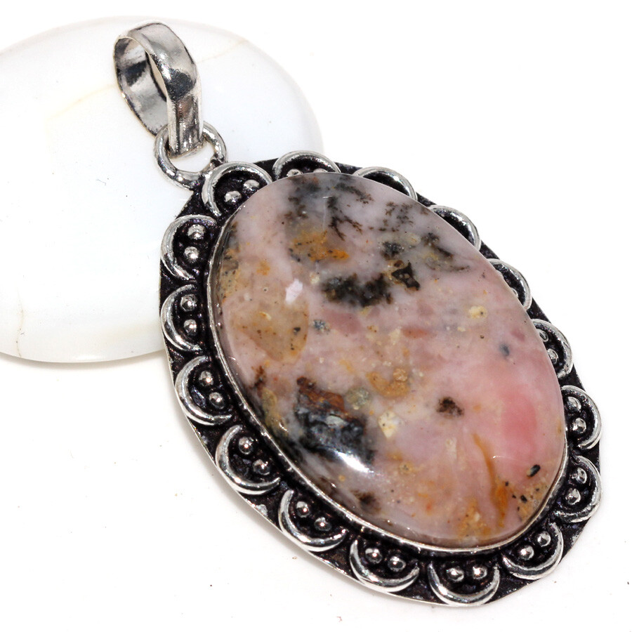 925 Silver Plated Peruvian Pink Opal Ethnic Pendant Jewelry Size 2