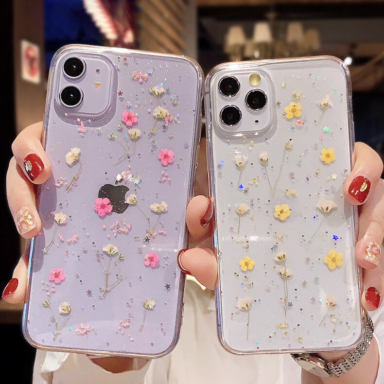 Glitter Real Dried Flower Clear Case Cover For iPhone 16 Pro Max