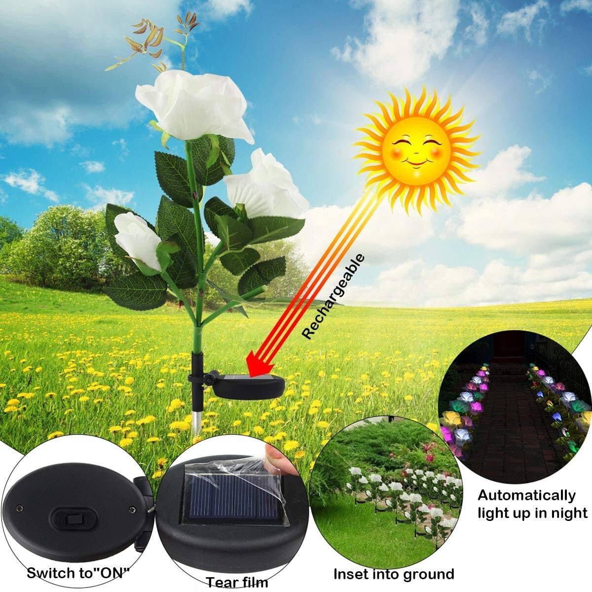 2 Pack Solar Flowers Lights Outdoor Garden, Waterproof LED Roses Flowers Lights