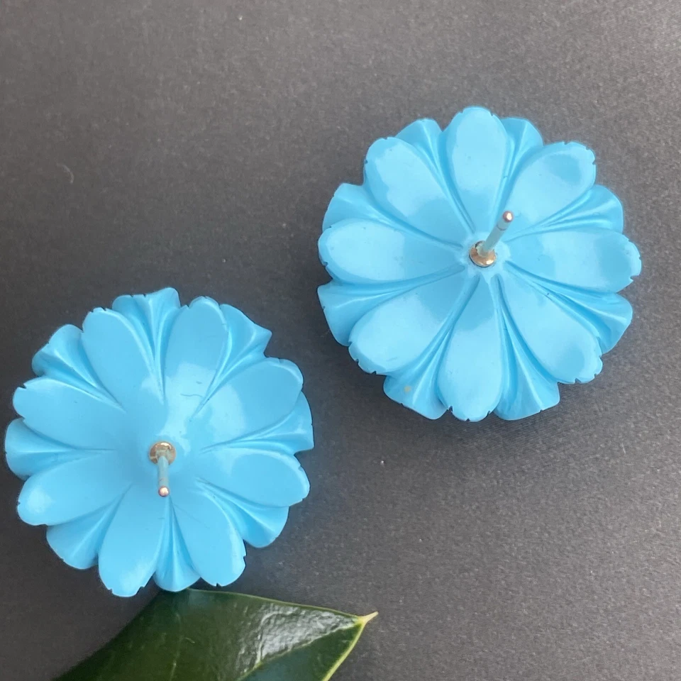 Pendientes Vintage Diamantes Oro 14K 18K Amatista Azul Turquesa Tallada Flor Foto 4 de 4