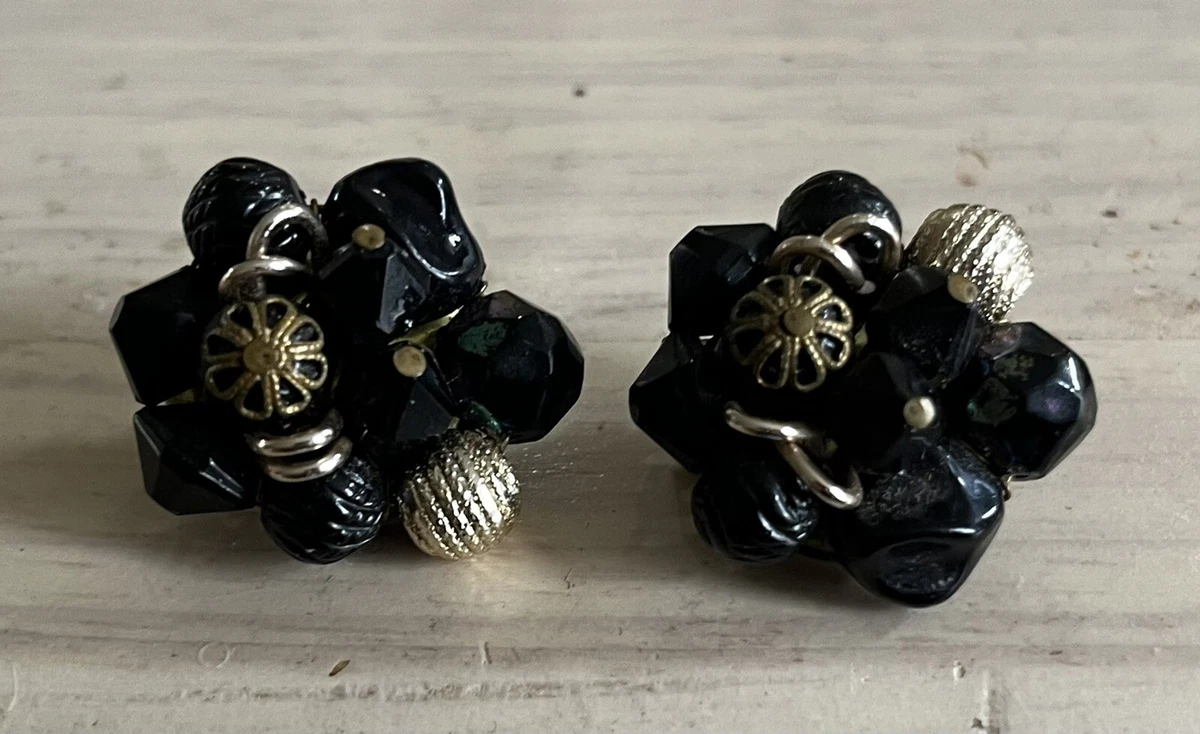 Vintage W Germany Earrings Clip On Iridescent Black Goldtone