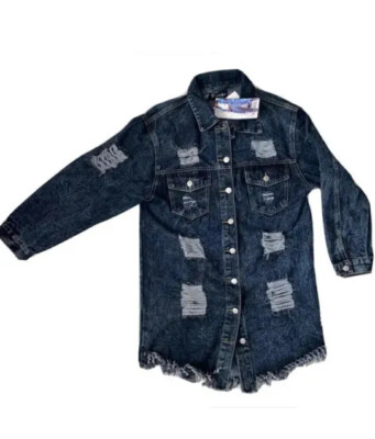 NEW THRILL Denim Jacket Shirt Shacket Sz M Long Ripped Thrashed Distressed Jean
