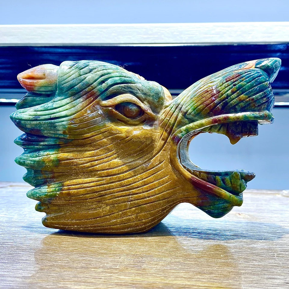 Cabeza de lobo jaspe océano - Escultura de cristal curativo amarillo verde - 966G - Imagen 3 de 4