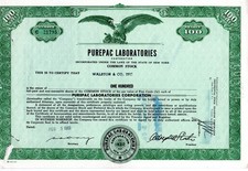 Purepac Laboratories Corporation, New York, 1969, 100 Shares, Adler-Vignette