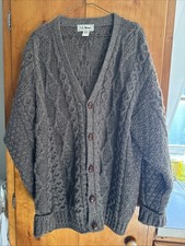 LL Bean Sweater Cardigan Mens LT Brown 100 Wool Cable Knit Aran Ireland