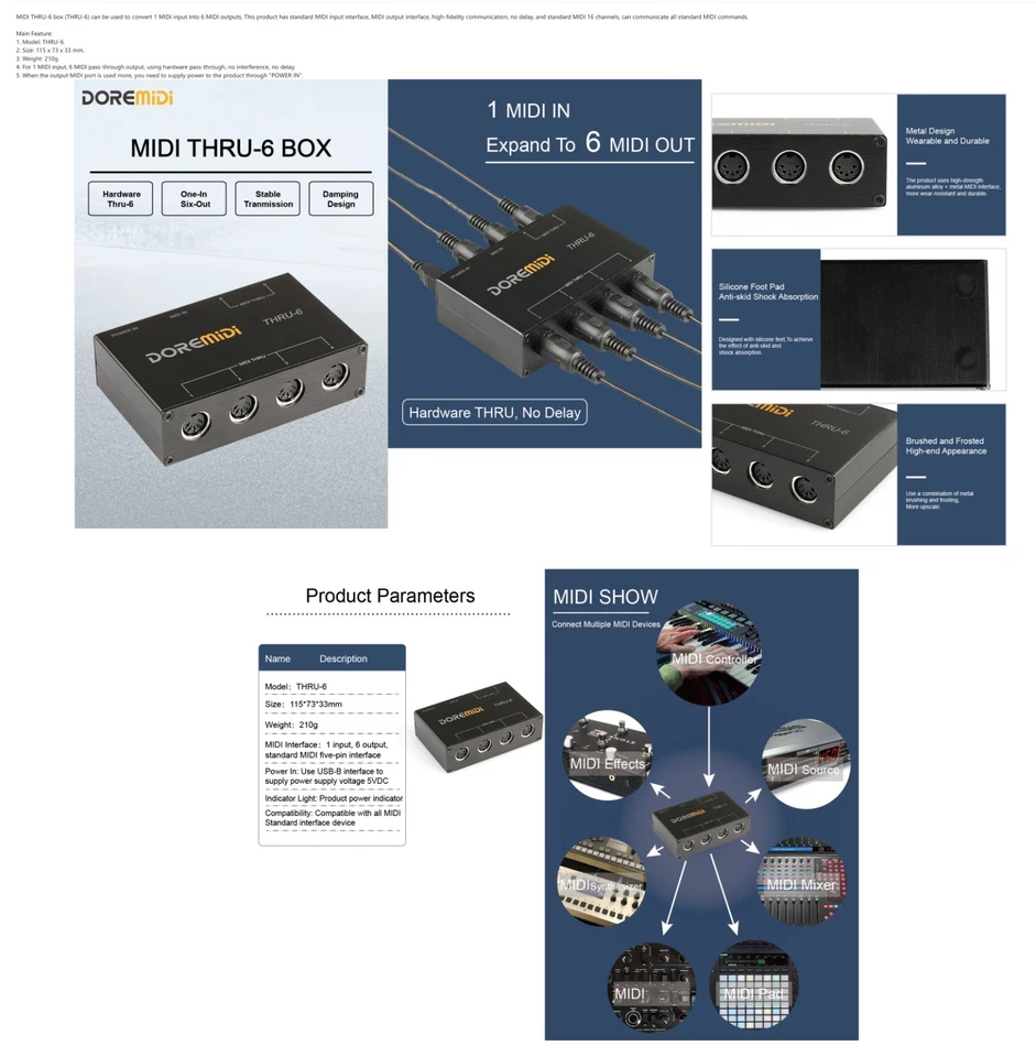 Doremidi THRU-6 MIDI Box MIDI Split Box 1 Eingang 6 Ausgang Plug & Play - Bild 2 von 4