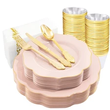 175PCS Pink Plates with Gold Disposable Silverware - Include 50 Pink Plastic ...