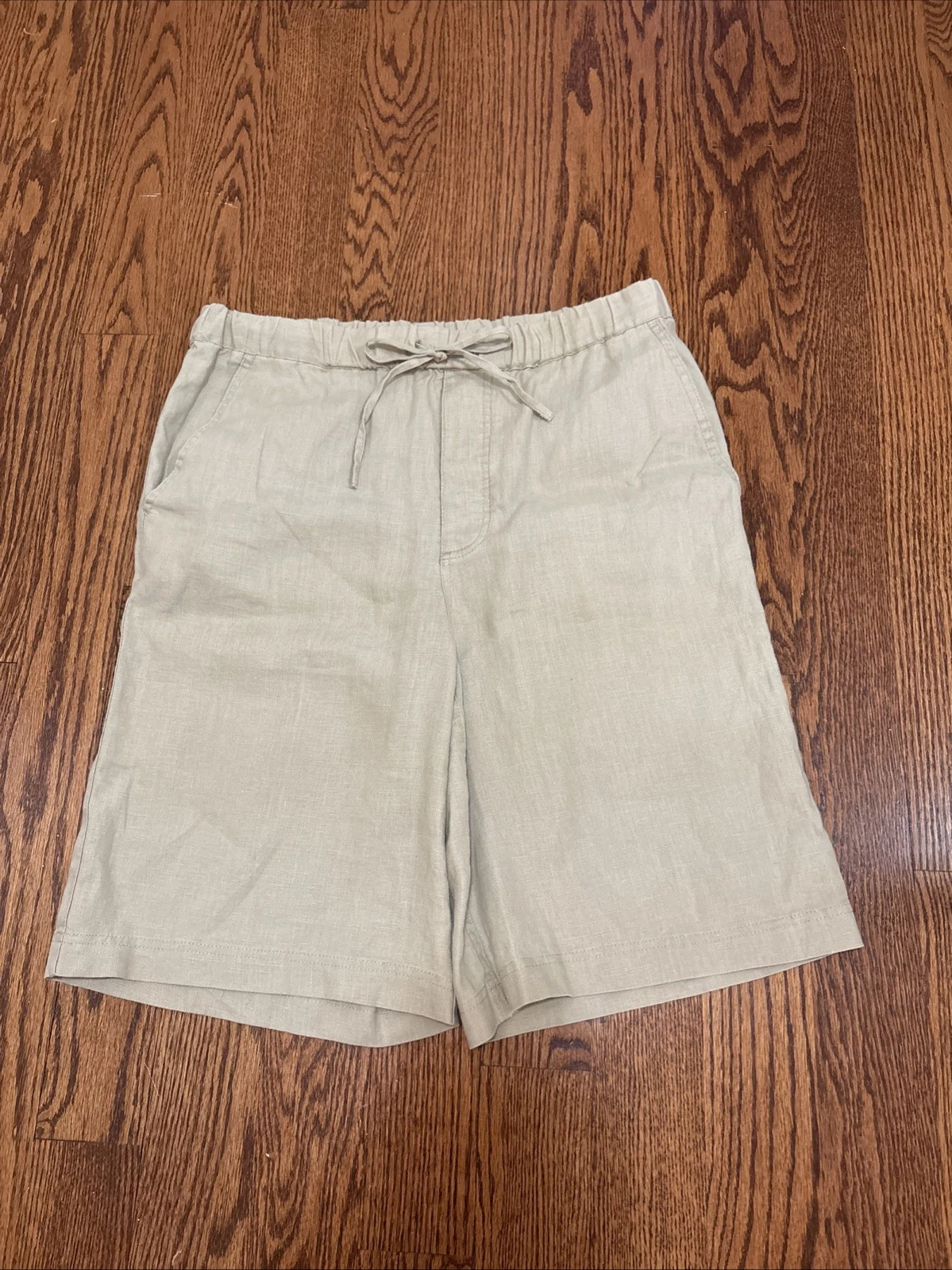 Martin Gordon Tan Linen Long 12” Inseam Loose Fit Elastic Waist Shorts Medium