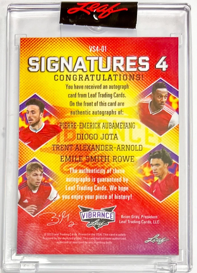 AUBAMEYANG, JOTA, ALEXANDER-ARNOLD, ROWE 2022 Vibrance Leaf Soccer - Quad Auto - Image 2 of 2