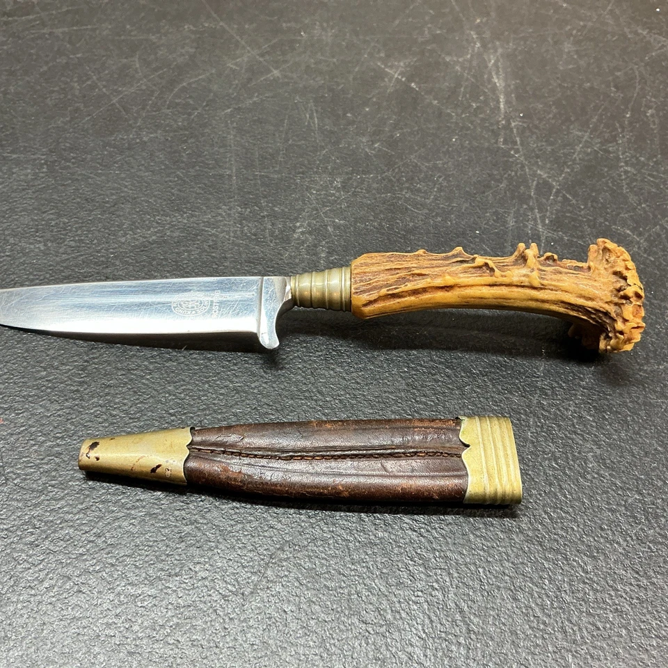 DE COLECCIÓN RARO ALEMÁN HUBERTUS SOLINGEN INOXIDABLE BOTA DE CAZA CUCHILLO CUERNO MANGO FUNDA Foto 2 de 4