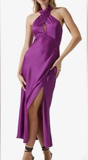 ASTR THE LABEL Marissa Halter Neck Satin Midi Dress Magenta Purple size M NWOT