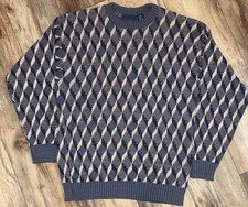Vintage Towncraft Diamond Pattern Knit Sweater Grandpa 90s Blue Mens Medium