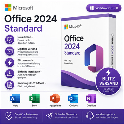 Microsoft Office 2024 Standard Key Vollversion Blitzversand Windows per Email