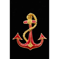 Vintage Anchor Pin Brooch Red Enamel Gold Tone 2" Nautical Ocean 1990s BinAC