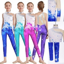 Girls Sequins Figure Skating Sports Jumpsuit Bodysuit Gymnastics Dance Catsuit