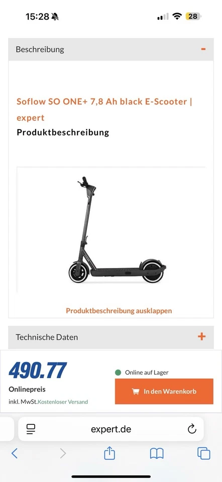 Soflow So ONE+ E-Scooter Schwarz 500W 9 Zoll 7,8 AH