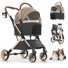 Pet Stroller with 4 Wheels, Dog Stroller with Detachable Carrier, -Click Fold...