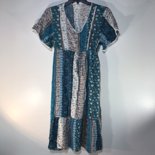 Kindred Multi Floral 100 % Viskose Empire Taille Midikleid Damen Größe XL