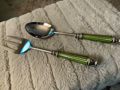 Simply Design Green Handle Extra Large Fork & Serving Spoon 11.5''l.  Gorgeous 
