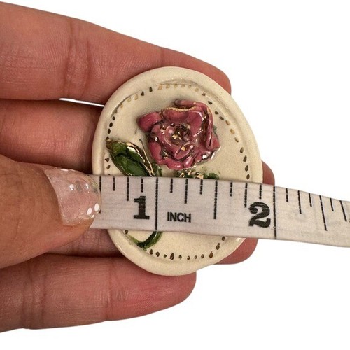 Rose Flower Pin Brooch Handmade Ceramic Floral Lapel Pin Gold Accent 2.0 - Picture 7 of 7
