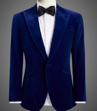 Men Royal Look Party Wedding Dinner Party Blue Velvet Tuxedo Smoking Jacket Coat