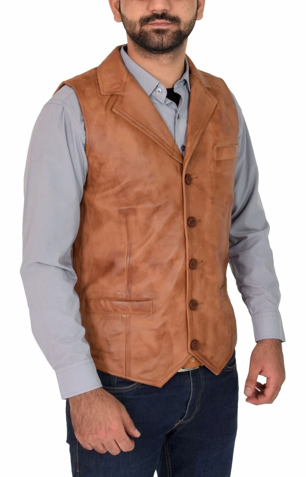 New Men's Genuine Tan Leather Waistcoat Revere Collar Gilet Classic Western Vest