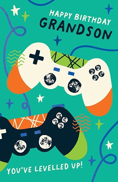 Grandson Gamer Birthday Card – Paper Rose Embossed Illustrated Blue Foil Design