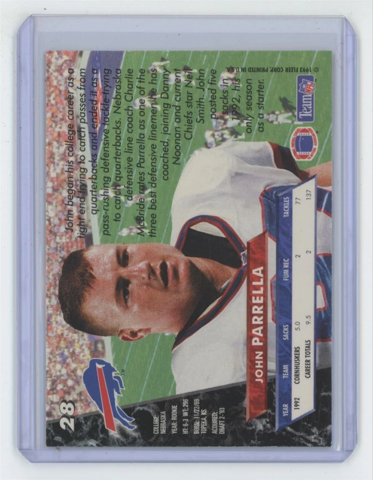 1993 Ultra John Parrella Rookie Football Card Buffalo Bills #28 - Image 2 of 2