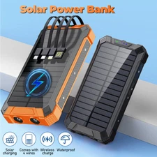 36000mAh Portable Solar Power Bank w/4 Cables External Battery Wireless Charger