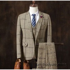 Men's Plaid Suits 3 Pieces Slim Suits Formal Wedding Groom Tuxedos Tweed Suits