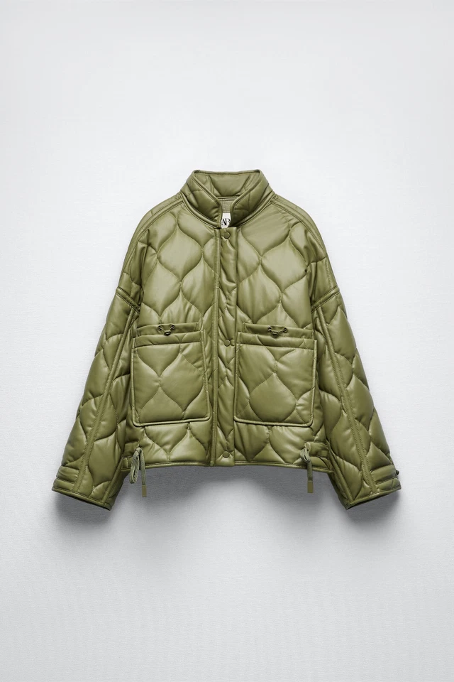 CHAQUETA ACOLCHADA DE CUERO SINTÉTICO REPELENTE AL AGUA VERDE OLIVA TALLA XS ZARA NUEVA CON ETIQUETAS