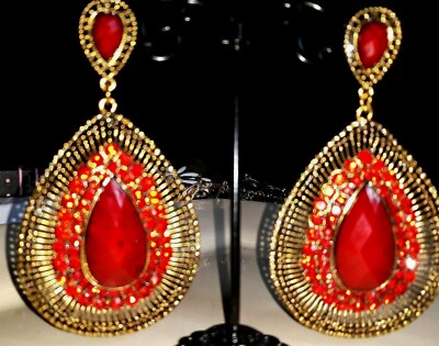 Boucles D'Oreilles Résine Rouge & Strass Sur Métal Doré - Sans Nickel - Neuf Avec Étiquettes