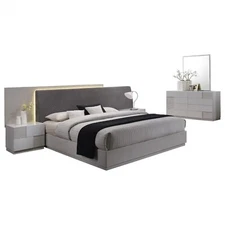 4PC Queen Size Modern Bedroom Set, Lacquer Finish LED Lighting, Silver/Gray