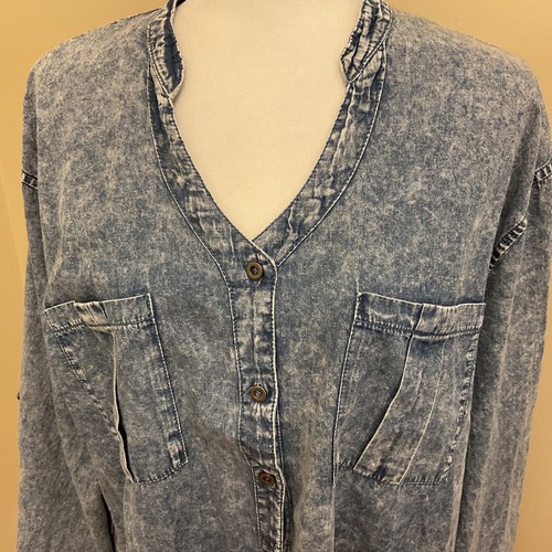 Zenana Blu Denim Chambray Tunica Top Camicia Lunga Blusa Invecchiato Donna 1X - Foto 2 di 9