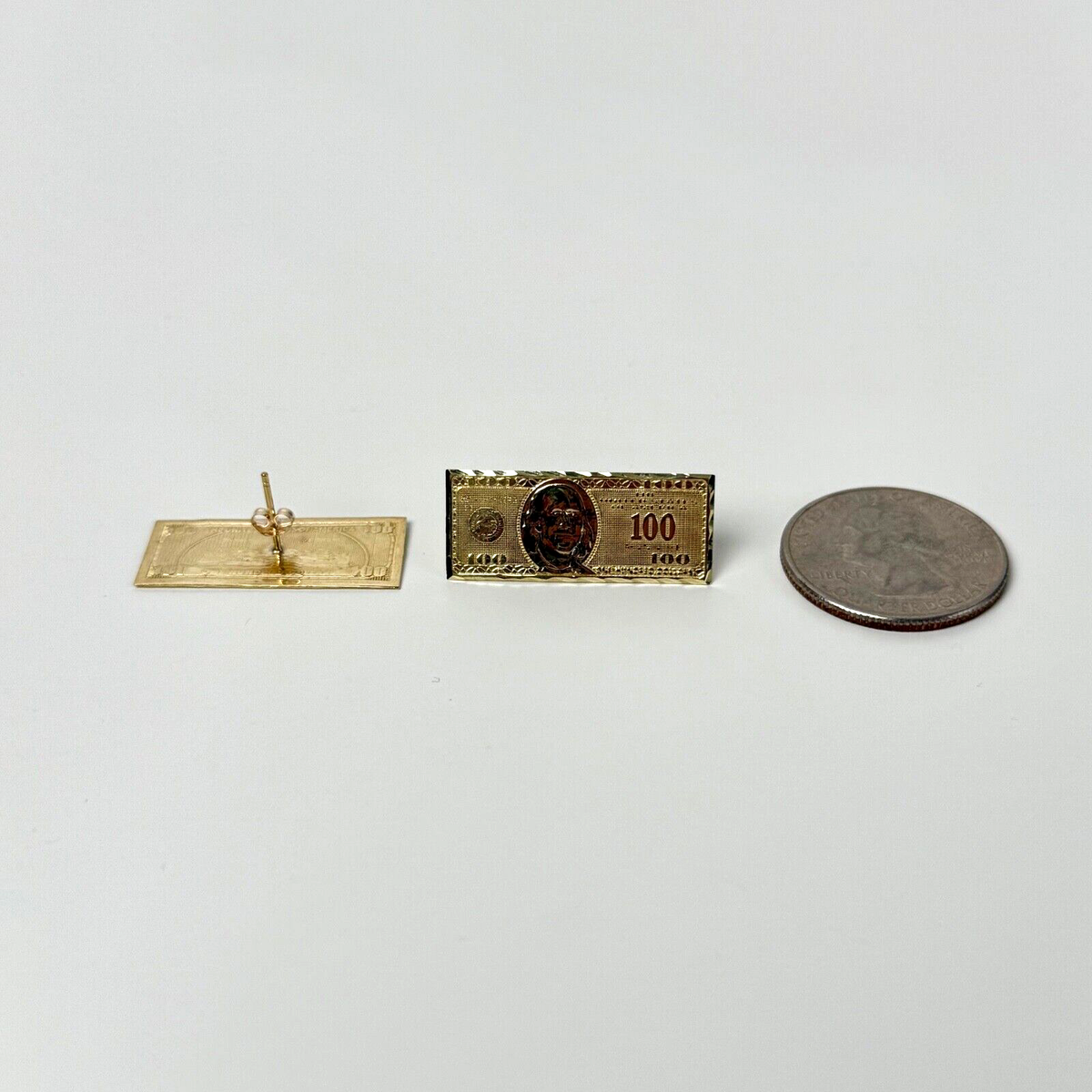 10K Solid Yellow Gold One Hundred Dollar Stud Earrings $100 Bill