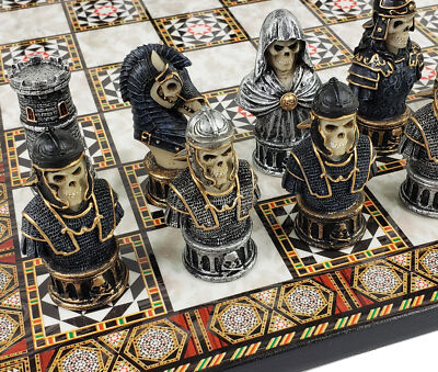 Medieval Times Gothic Skeleton Busts Chess Set W 17'' Mosaic Color Board