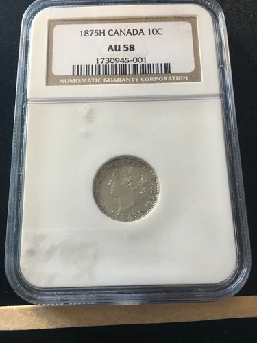 1875H  NGC  Graded Canadian,  ¢10  Cent, **AU-58** Double Date Reverse