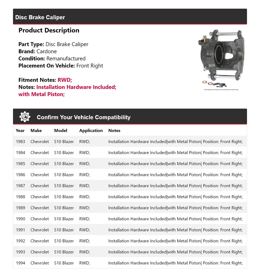 For 1983-1994 Chevrolet S10 Blazer RWD Disc Brake Caliper Front Right Cardone - Image 2 of 4