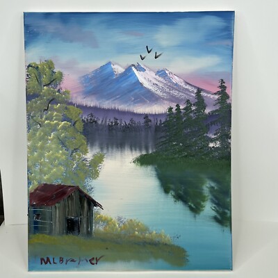 Oil on Canvas Painting Signed Student Art 16 x 20 Cabin Wooded Lake Mountain (2
