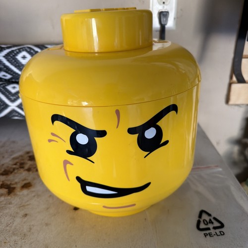 RARE LEGO Head Storage Mad Angry Face 2010 Yellow Large Container/Case W/ Legos