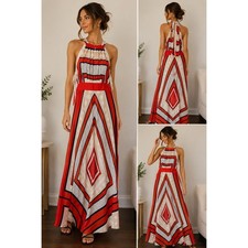 Eliza J Red Geometric Scarf Print Halter Maxi Dress Petite 6P Boho Resortcore