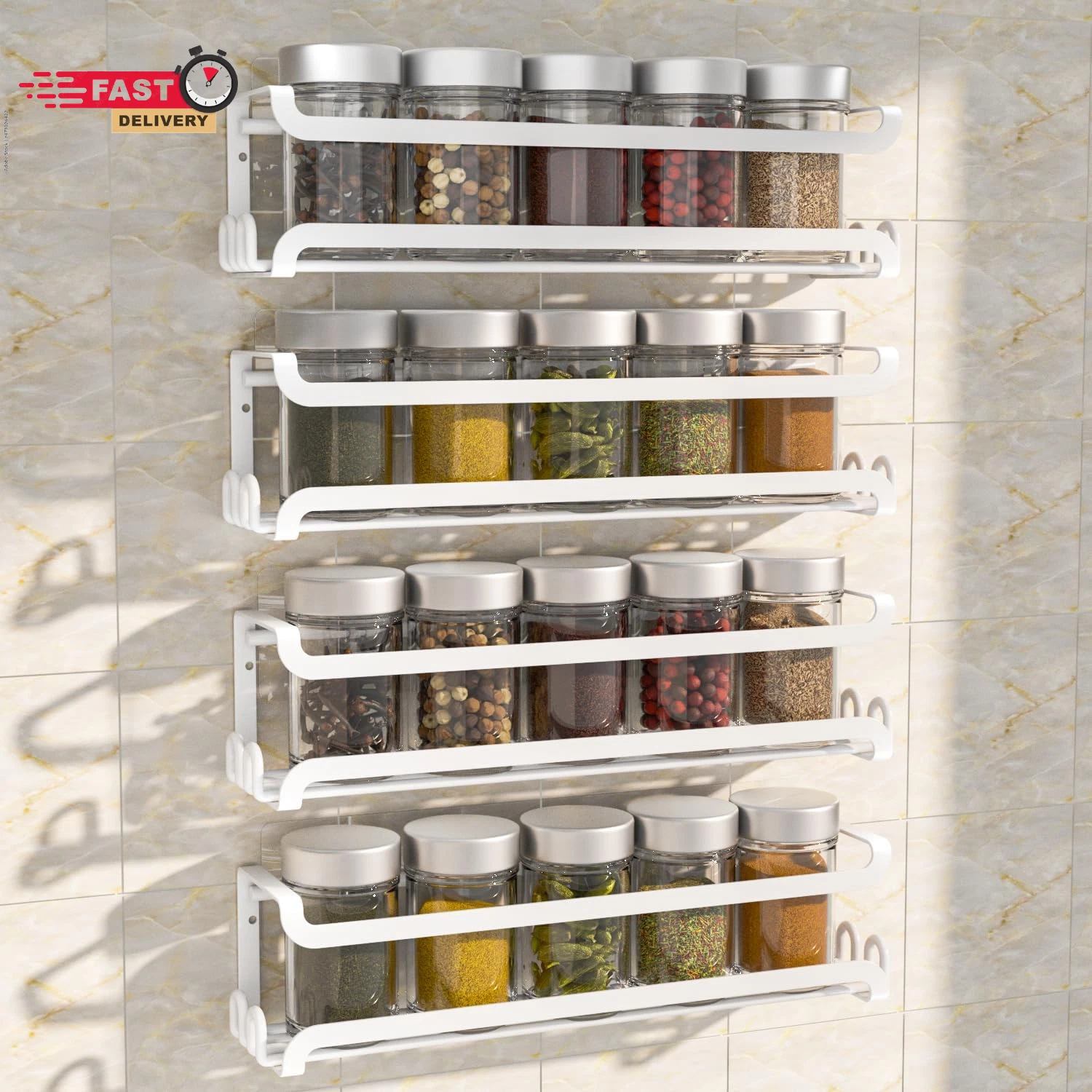 LUCYCAZ 4 Pack Wall Mounted Spice Rack with 16 Hooks, Spice Organizer Shelf for