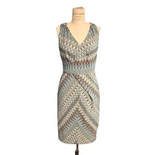 David Meister Blue Brown Metallic Chevron Retro V-Neck Dress Workwear Size 6 USA