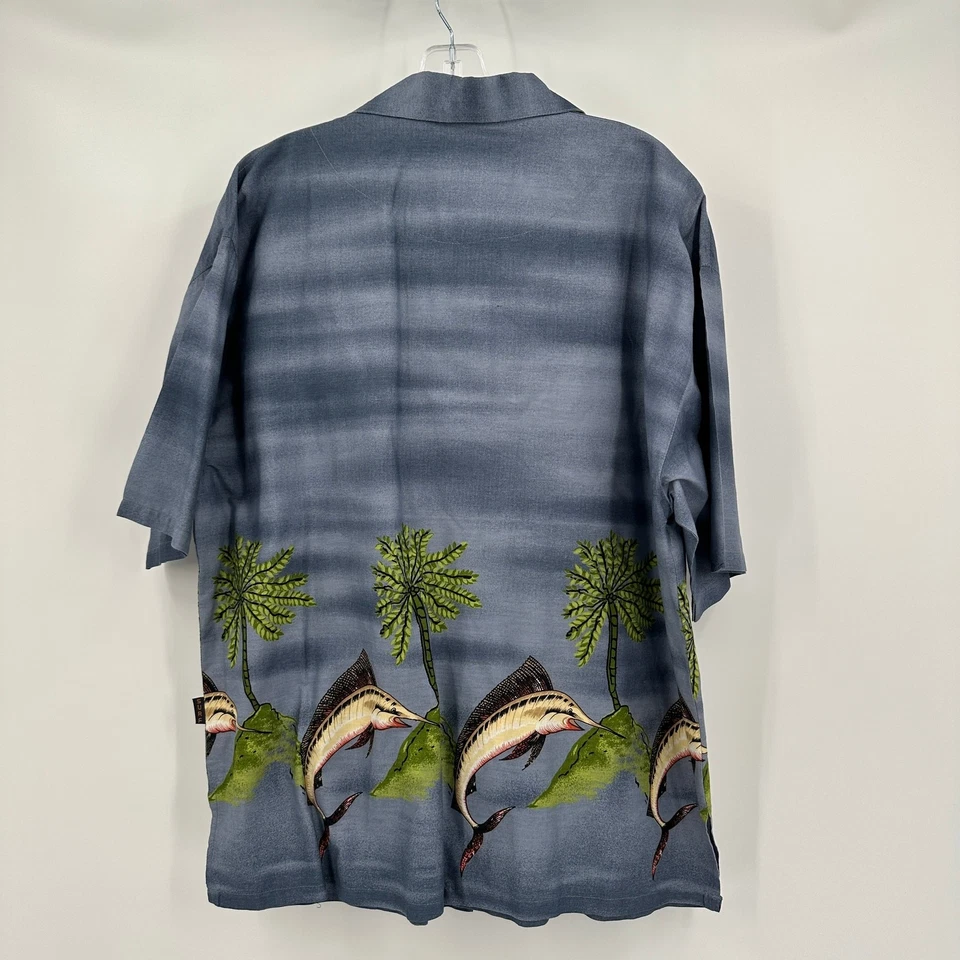 Basix Mens Hawaiian Shirt Size L Tropical Resort Fish Marlin Palms Island Print - Image 2 of 4