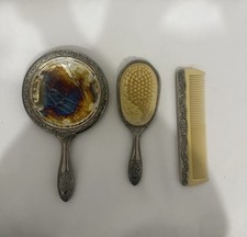 Vintage Ornate Vanity Set Mirror Brush Comb Silver Tone 3-Pc Celluloid Parts