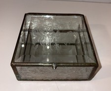 Vintage Glass Jewelry Trinket Box, Mirrored Bottom Etched Roses Square