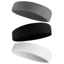 Sports Headband Sweatband Terry Cloth Cotton Blend 3 Pack Black Gray